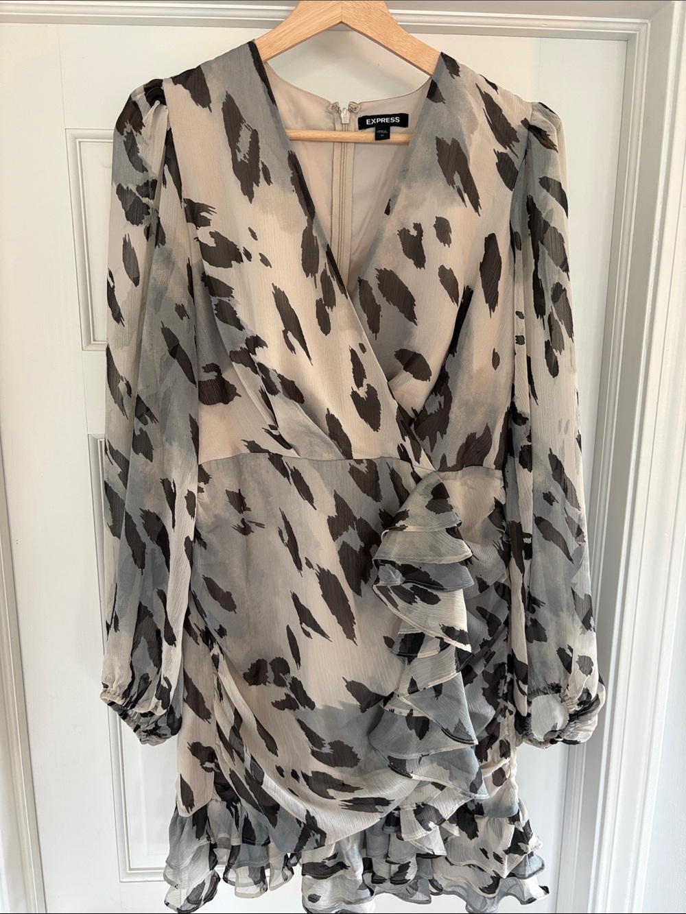 Express Beige and Black Animal Print Ruffle Wrap Top